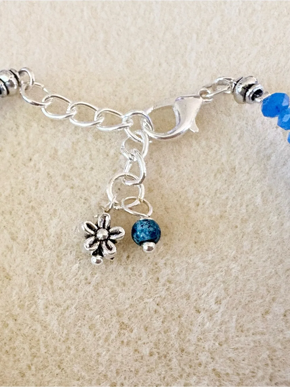Blue Beaded Agate Bracelet with Silver Accents and Czech glass focal